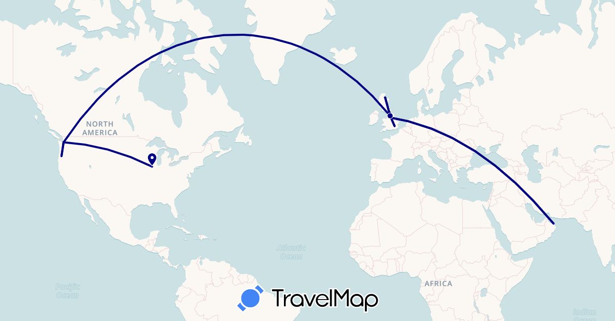 TravelMap itinerary: driving in United Kingdom, Oman, United States (Asia, Europe, North America)